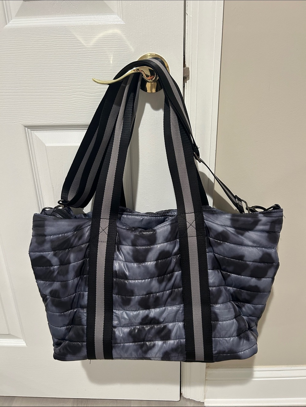 THINK ROYLN Quilted Gray Tote with Striped Webbing Handles